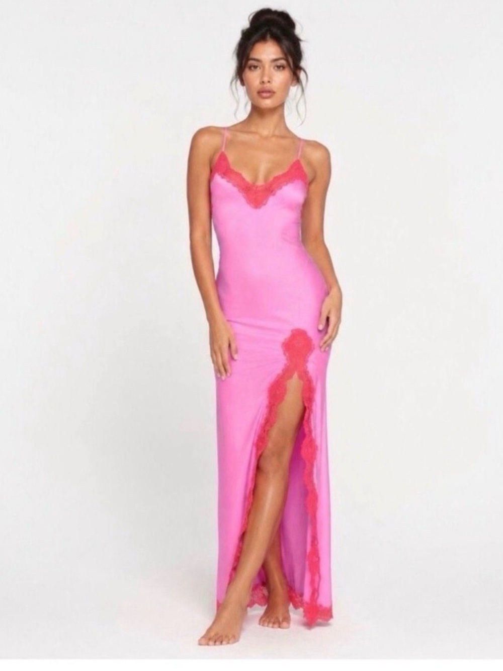 NWT Skims woven shine Pink satin lace trim slip nightgown dress